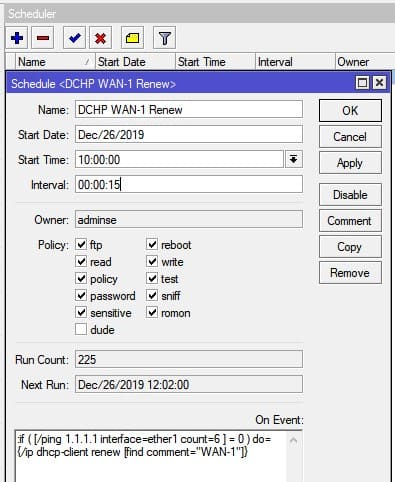Скрипт обновление DHCP клиента в MikroTik, добавить в расписание